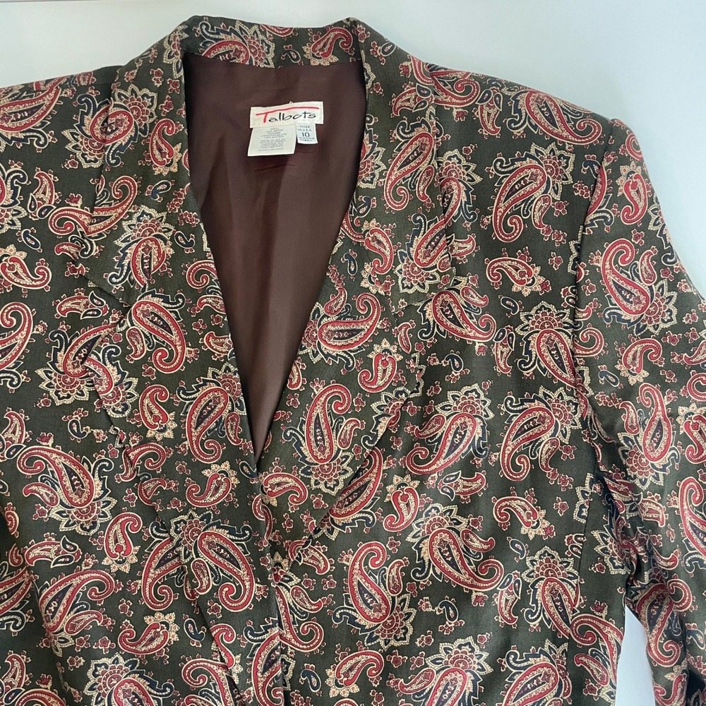 Vintage 90s Paisley Blazer jacket Green Burgundy Talbots classic Women Size 10